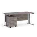 Maestro 25 straight desk 1600mm x 800mm with silver cantilever frame and 3 drawer pedestal - grey oak