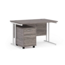 Maestro 25 straight desk 1200mm x 800mm with white cantilever frame and 2 drawer pedestal - grey oak
