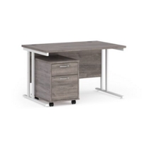 Maestro 25 straight desk 1200mm x 800mm with white cantilever frame and 2 drawer pedestal - grey oak
