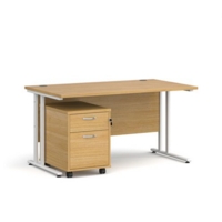 Maestro 25 straight desk 1400mm x 800mm with white cantilever frame and 2 drawer pedestal - oak
