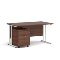 Maestro 25 straight desk 1400mm x 800mm with white cantilever frame and 2 drawer pedestal - walnut