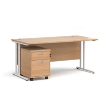 Maestro 25 straight desk 1600mm x 800mm with white cantilever frame and 2 drawer pedestal - beech