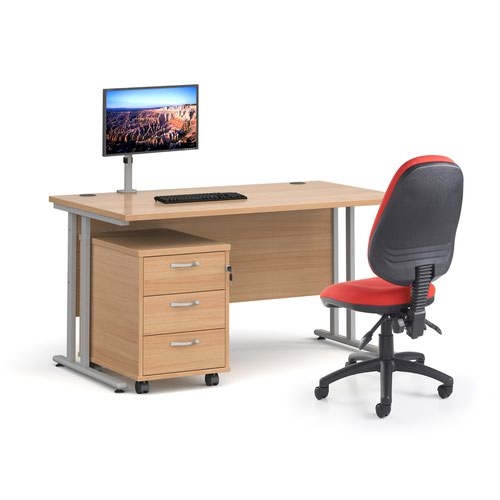 Maestro 25 straight desk 1200mm x 800mm with white cantilever frame and 3 drawer pedestal - grey oak