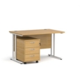 Maestro 25 straight desk 1200mm x 800mm with white cantilever frame and 3 drawer pedestal - oak