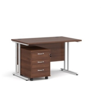 Maestro 25 straight desk 1200mm x 800mm with white cantilever frame and 3 drawer pedestal - walnut