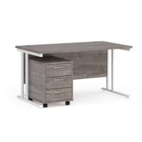 Maestro 25 straight desk 1400mm x 800mm with white cantilever frame and 3 drawer pedestal - grey oak