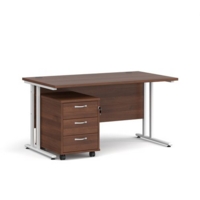 Maestro 25 straight desk 1400mm x 800mm with white cantilever frame and 3 drawer pedestal - walnut