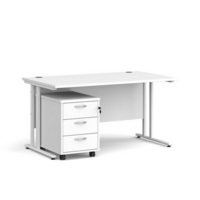 Maestro 25 straight desk 1400mm x 800mm with white cantilever frame and 3 drawer pedestal - white