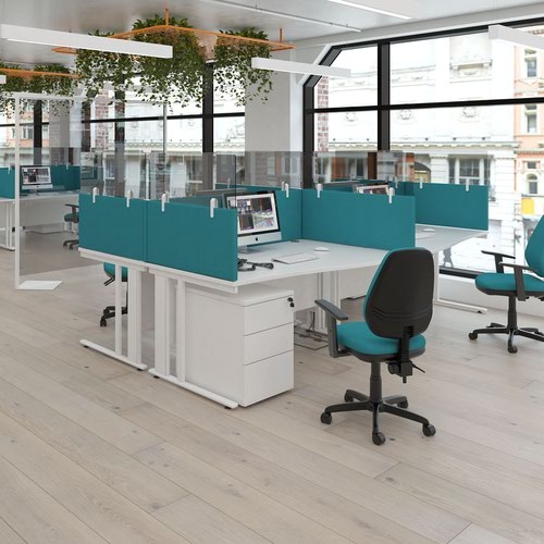 Desktop clear acrylic screen topper with white brackets 1400mm wide