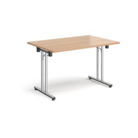 Rectangular folding leg table with chrome legs and straight foot rails 1200mm x 800mm - beech