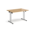 Rectangular folding leg table with chrome legs and straight foot rails 1200mm x 800mm - oak
