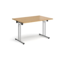 Rectangular folding leg table with chrome legs and straight foot rails 1200mm x 800mm - oak