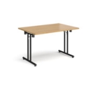 Rectangular folding leg table with black legs and straight foot rails 1200mm x 800mm - oak