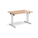 Rectangular folding leg table with silver legs and straight foot rails 1200mm x 800mm - beech