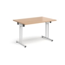 Rectangular folding leg table with white legs and straight foot rails 1200mm x 800mm - beech