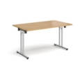 Rectangular folding leg table with chrome legs and straight foot rails 1400mm x 800mm - oak