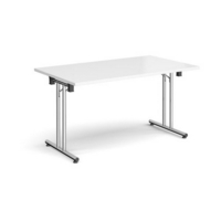Rectangular folding leg table with chrome legs and straight foot rails 1400mm x 800mm - white