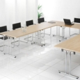 Rectangular folding leg table with chrome legs and straight foot rails 1400mm x 800mm - white