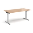 Rectangular folding leg table with chrome legs and straight foot rails 1600mm x 800mm - beech