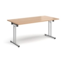 Rectangular folding leg table with chrome legs and straight foot rails 1600mm x 800mm - beech