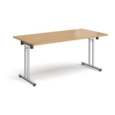 Rectangular folding leg table with chrome legs and straight foot rails 1600mm x 800mm - oak