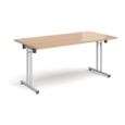 Rectangular folding leg table with silver legs and straight foot rails 1600mm x 800mm - beech