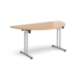 Semi circular folding leg table with chrome legs and straight foot rails 1600mm x 800mm - beech