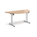 Semi circular folding leg table with chrome legs and straight foot rails 1600mm x 800mm - beech