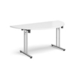 Semi circular folding leg table with chrome legs and straight foot rails 1600mm x 800mm - white