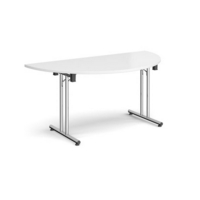 Semi circular folding leg table with chrome legs and straight foot rails 1600mm x 800mm - white