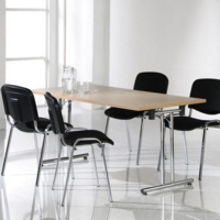 Semi circular folding leg table with chrome legs and straight foot rails 1600mm x 800mm - white