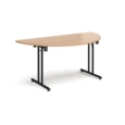 Semi circular folding leg table with black legs and straight foot rails 1600mm x 800mm - beech