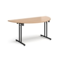 Semi circular folding leg table with black legs and straight foot rails 1600mm x 800mm - beech
