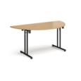 Semi circular folding leg table with black legs and straight foot rails 1600mm x 800mm - oak