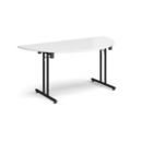 Semi circular folding leg table with black legs and straight foot rails 1600mm x 800mm - white