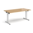 Rectangular folding leg table with silver legs and straight foot rails 1600mm x 800mm - oak
