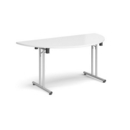 Semi circular folding leg table with silver legs and straight foot rails 1600mm x 800mm - white