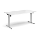 Rectangular folding leg table with silver legs and straight foot rails 1600mm x 800mm - white