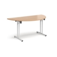 Semi circular folding leg table with white legs and straight foot rails 1600mm x 800mm - beech