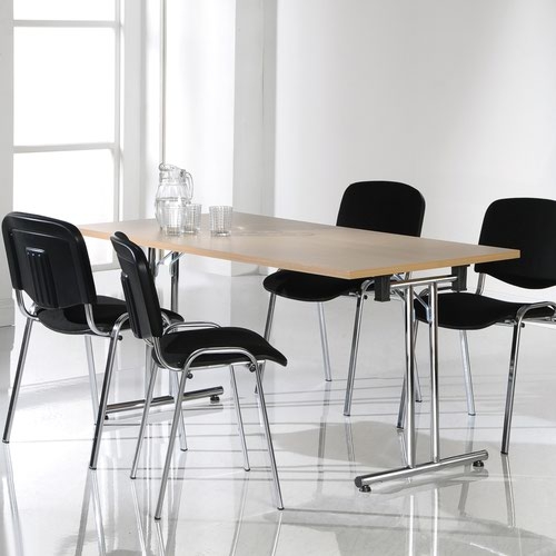 Semi circular folding leg table with white legs and straight foot rails 1600mm x 800mm - oak