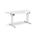 Semi circular folding leg table with white legs and straight foot rails 1600mm x 800mm - white