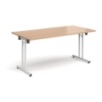 Rectangular folding leg table with white legs and straight foot rails 1600mm x 800mm - beech