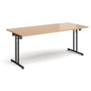 Rectangular folding leg table with black legs and straight foot rails 1800mm x 800mm - beech
