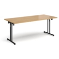Rectangular folding leg table with black legs and straight foot rails 1800mm x 800mm - oak