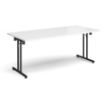 Rectangular folding leg table with black legs and straight foot rails 1800mm x 800mm - white