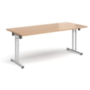 Rectangular folding leg table with silver legs and straight foot rails 1800mm x 800mm - beech