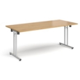 Rectangular folding leg table with silver legs and straight foot rails 1800mm x 800mm - oak