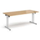 Rectangular folding leg table with silver legs and straight foot rails 1800mm x 800mm - oak