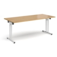 Rectangular folding leg table with white legs and straight foot rails 1800mm x 800mm - oak