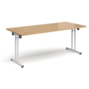 Rectangular folding leg table with white legs and straight foot rails 1800mm x 800mm - oak